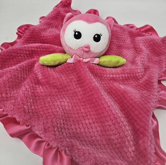 Okie Dokie Pink Owl Security Blanket Lovey Rattle Plush Satin Ruffle Baby Toy - Picture 3 of 6